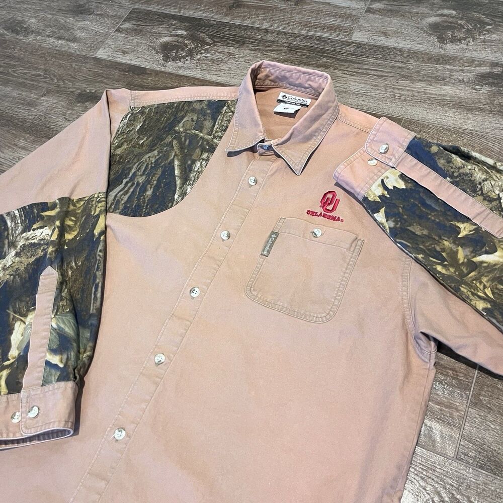 Columbia Shooting Shirt Mens XL Brown OU Sooners Button Up Camo Long Sleeve